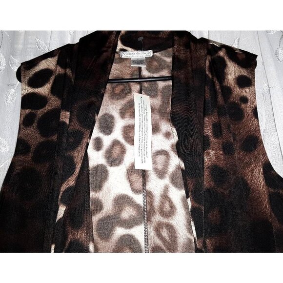 VINTAGE SUZIE Leopard Print Long Vest Sleeveless Duster Open Cardigan Sweater L - Picture 3 of 5